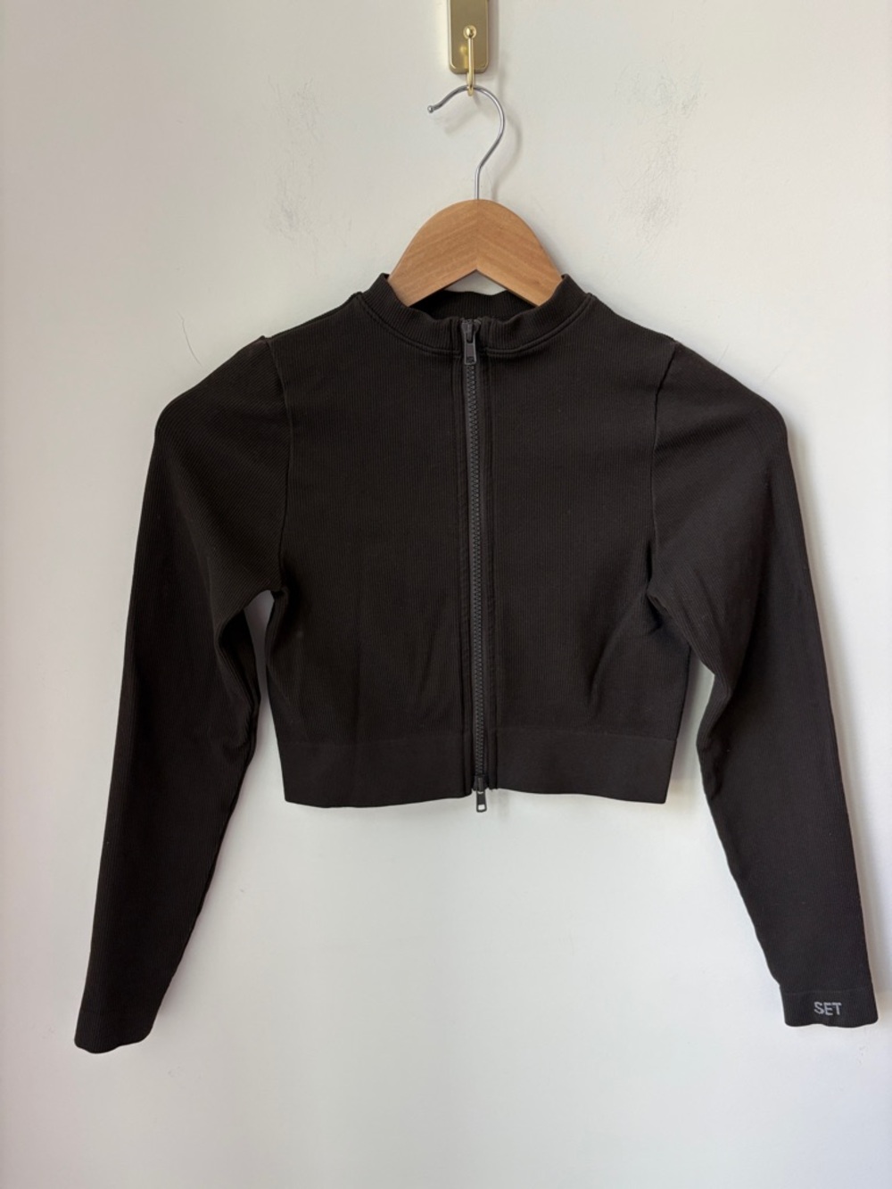 SET Active Sculptflex Jacket Ribbed in Espresso Brown Zip Front Cropped Size S
